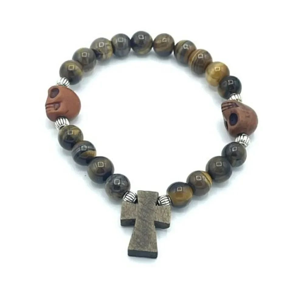 Crystal beaded stretch bracelet ONE NEW yellow tiger eye cross skull reiki medit
